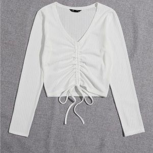 Hot Kiss Cropped Adjustable Cinched Drawstring Front Rib-Knit Long Top (size M)